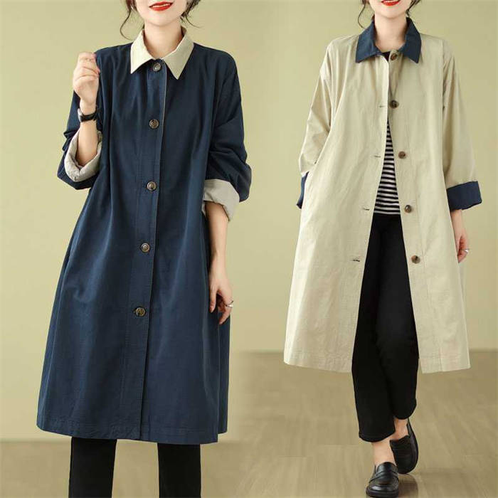 スプリングコート アウター レディース 新作 長袖 無地 折り襟 配色 スプリング コート トップス デザイン感 ロング 前開き 羽織り 春 秋 ゆったり ロングコート 体型カバー 着痩せ カジュアル レトロ 通勤 OL お洒落 20代 30代 40代 50代 大人 切り替え 送料無料