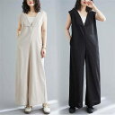 パンツ オールインワン レディース 新作 綿麻調 ノースリーブ 無地 Vネック 綿 ワイドパンツ 折り襟 ロングパンツ プルオーバー 重ね着 着痩せ ゆったり ...