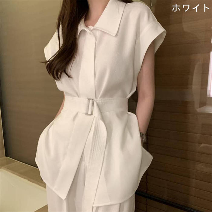 パンツ セットアップ レディース 新作 無地 ワイドパンツ シャツ ノースリーブ 折り襟 ベルト パンツセット パンツスーツ 2点セット ウエストマーク カジュアル シンプル 春 夏 上下セット ワイド ロング 通勤 OL 大人 体型カバー ゆったり お洒落 可愛い 送料無料