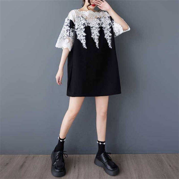 Tシャツ チュニック レース レディース 新作 綿麻 ラウンドネック 五分袖 透かし編み ブラウス プルオーバー トップス デザイン感 ロングシャツ 体型カバー 大きいサイズ チュニックシャツ ゆったり カジュアル 通勤 OL オフィス 可愛い お洒落 大人 切り替え 送料無料