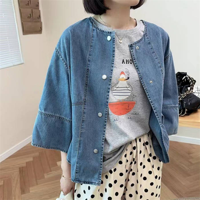 デニム コート レディース 七分袖 新作 無地 ジャケット ラウンドネック アウター デニムコート トップス デザイン感 前開き ボタン 羽織り 春 秋 ゆったり 体型カバー 着痩せ カジュアル レトロ 通勤 OL お洒落 オフィス 大人 30代 40代 50代 着回し 切り替え 送料無料