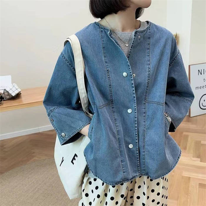 デニム コート レディース 七分袖 新作 無地 ジャケット ラウンドネック アウター デニムコート トップス デザイン感 前開き ボタン 羽織り 春 秋 ゆったり 体型カバー 着痩せ カジュアル レトロ 通勤 OL お洒落 オフィス 大人 30代 40代 50代 着回し 切り替え 送料無料