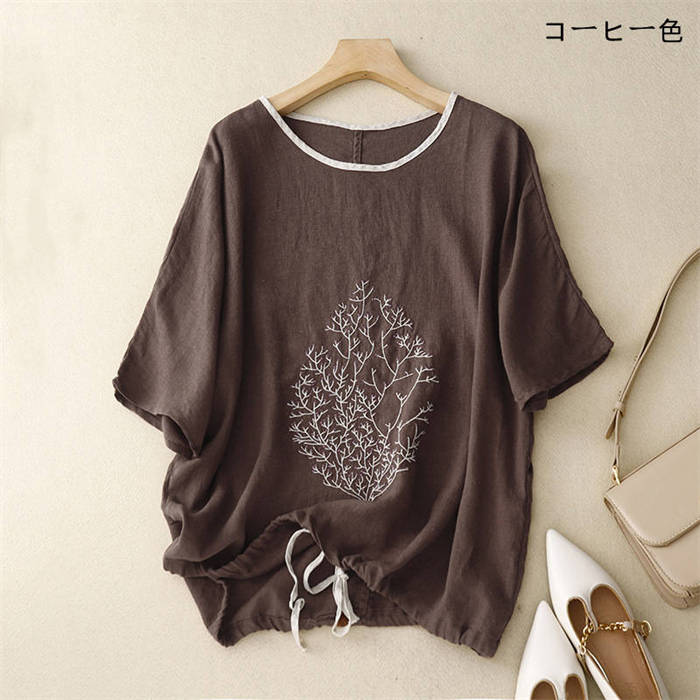 Tシャツ tシャツ 刺繍 レディース 綿麻風 花柄 半袖 丸首 配色 綿 プルオーバー トップス シャツ ブラウス 春 夏 ゆったり ウエストマーク 紐 体型カバー 可愛い 着痩せ おしゃれ レトロ カジュアル エレガント 通勤 OL オフィス 30代 40代 50代 大人 送料無料