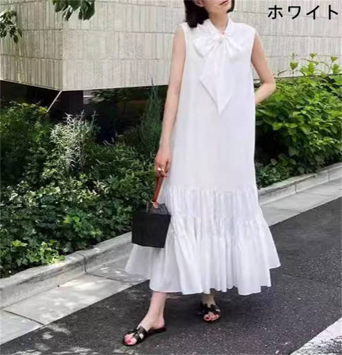 モノトーンワンピース ボウタイ ロングワンピース ハイネックワンピ ホワイト Sawa a la mode ワンピース レディース ハイネック 長袖 リブ