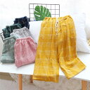 綿 ルームウェア パンツ チェック柄 レディース メンズ ルームパンツ 七分丈 2重ガーゼ ガーゼ コットンパンツ クレープ ボトムス ゆったり 紐 ロング シ...