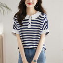 Tシャツ ボーダー柄 シフォンブラウス レディース 新作 半袖 折り襟 薄手 ラウンドネック tシャツ 配色 シフォン トップス プルオーバー カジュアル ゆっ...