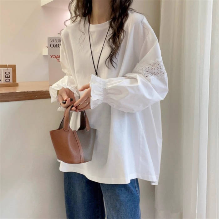Tシャツ カットソー 透かし編み フレア レディース ブラウス クルーネック 無地 長袖 プルオーバー フレア袖口 トップス プルオーバー 切り替え ゆったり 春 夏 秋 デザイン感 大きいサイズ カジュアル 体型カバー 可愛い 大人 OL 通勤 オフィス お洒落 着回し 送料無料