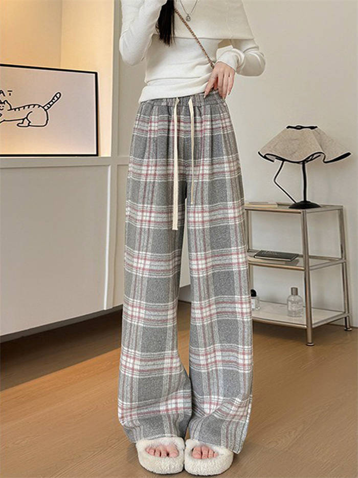 パンツ ワイドパンツ チェック柄 レディース 新作 ラシャ 裏ボア 裏起毛 秋 冬 ストレートパンツ ラシャパンツ 体型カバー ロングパンツ ボトムス ロング 大きいサイズ ポケット 着痩せ 美脚 通勤 ゆったり ハイウエスト 紐 カジュアル 着痩せ 上品 きれいめ 送料無料