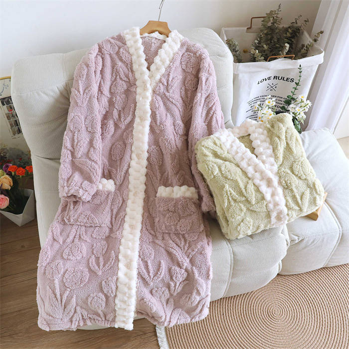 ルームウエア ワンピース バスローブ レディース 新作 ボア ネグリジェ Vネック 長袖 配色 立体花柄 ロングワンピース お風呂上り パジャマ ルームワンピース 秋 冬 大きいサイズ 前開き ポケット 部屋着 寝間着 寝巻き ゆったり ナイトウエア 暖か シンプル 送料無料