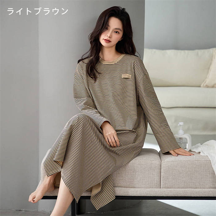 ルームウエア 綿 ワンピース ボーダー レディース 新作 ネグリジェ ラウンドネック 長袖 プルオーバー パジャマ コットン 春 夏 秋 ロング ゆったり 大きいサイズ カジュアル ナチュラル 大人 可愛い 寝間着 ガーリー 睡眠 快適 ナイトウェア 部屋着 通気性 送料無料