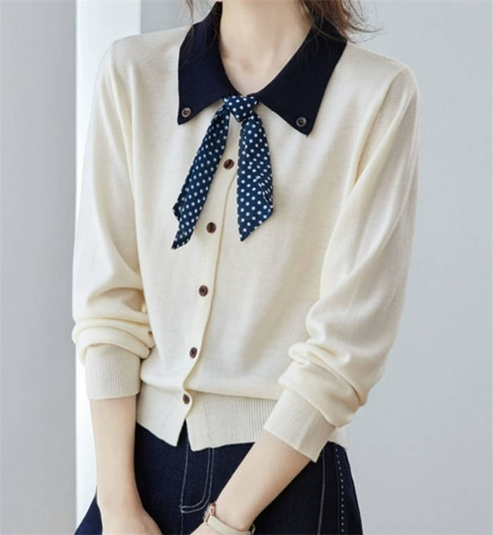 ニット カットソー リボン 蝶結び レディース 新作 ドット柄 折り襟 セーター ベーシック カーディガン 配色 長袖 無地 トップス 春 秋 冬 デザイン感 前開き 羽織り ボタン きれいめ ゆったり エレガント セレカジ お洒落 可愛い 通勤 OL オフィス 大人 着回し 送料無料