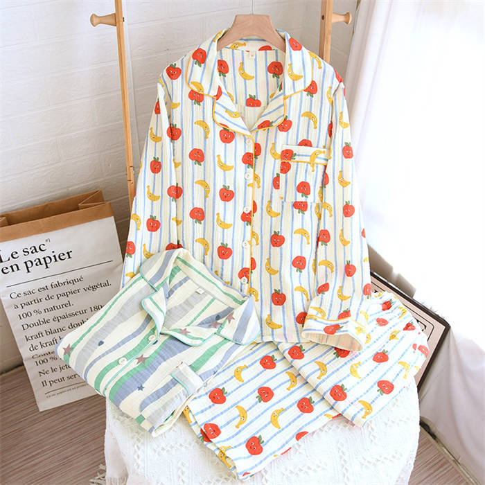 綿 ダブルガーゼ ルームウエア レディース 新作 ストライプ 星 果物 折り襟 セットアップ 2点セット 上下セット 長袖 ロングパンツ パンツ パジャマ 春 夏 秋 前開き 大きいサイズ 可愛い ガーリー 体型カバー ナチュラル ホームウェア 部屋着 寝間着 大人 快適 送料無料