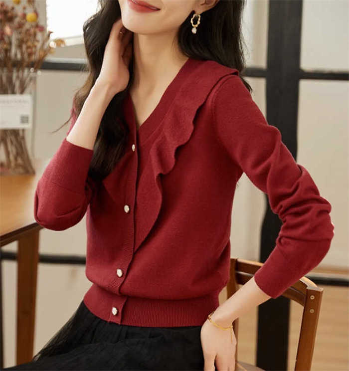 Misskirtのセーター カットソー レディース ニット ベーシック ニットソー トップス Vネック 長袖 プルオーバー フリル 春 秋 新作 ゆったり エレガント カジュアル レトロ 体型カバー 通勤 OL オフィス ボタン 着痩せ 20代 30代 40代 50代 おしゃれ 着回し 大人 送料無料｜アングル3