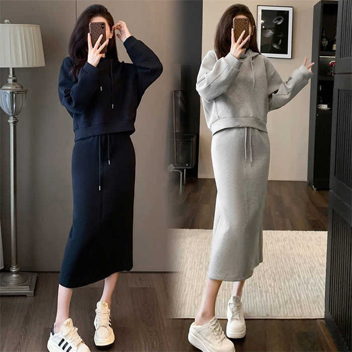 セットアップ スカート レディース パーカー フード付き 紐 上下セット 2点セット トップス 新作 無地 長袖 切り替え 体型カバー プルオーバー 着瘦せ ゆったり 大きいサイズ 20代 30代 40代 50代 シンプル カジュアル エレガント 春 秋 通勤 OL オフィス 大人 送料無料