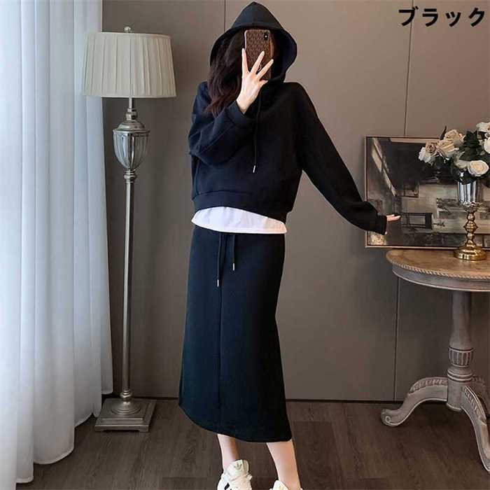 セットアップ スカート レディース パーカー フード付き 紐 上下セット 2点セット トップス 新作 無地 長袖 切り替え 体型カバー プルオーバー 着瘦せ ゆったり 大きいサイズ 20代 30代 40代 50代 シンプル カジュアル エレガント 春 秋 通勤 OL オフィス 大人 送料無料