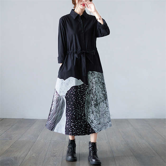 ワンピース 綿 切り替えワンピース レディース シャツワンピース 長袖 ロング ワンピ プリント 花柄 コットン 切り替え 体型カバー ゆったり デザイン感 ハイウエスト レトロ 折り襟 春 秋 着痩せ 大きいサイズ カジュアル お洒落 30代 40代 50代 大人 通勤 OL 送料無料