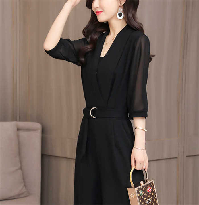 オールインワン パンツドレス ロング パンツ ワイドパンツ シフォン 春 夏 切り替え 七分袖 無地 ウエストマーク レディース 着痩せ ハイウエスト おしゃれ 通勤 OL オフィス カジュアル エレガント 上品感 ゆったり 体型カバー 20代 30代 40代 50代 大人 黒 送料無料