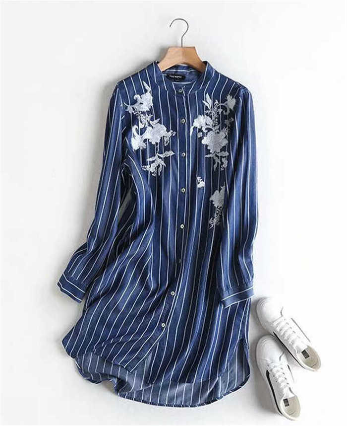 シャツ ワンピース デニム レディース 刺繍 花柄 長袖 綿 コットン ストライプ ワンピース デニムシャツ ロングシャツ ロング シャツ ワンピ 折り襟 体型カバー ゆったり 切り替え レトロ おしゃれ カジュアル 通勤 OL オフィス 着痩せ 30代 40代 50代 春 夏 秋 送料無料
