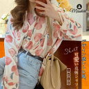 シャツ ブラウス モモ レディース 長袖 花柄 桃柄 折り襟 シャツブラウス トップス プリント 春 夏 秋 デザイン感 ゆったり エレガント 大きいサイズ 前開き 羽織り 通勤 OL オフィス フランス風 切り替え お洒落 可愛い レトロ 20代 30代 40代 大人 着回し 送料無料(4)