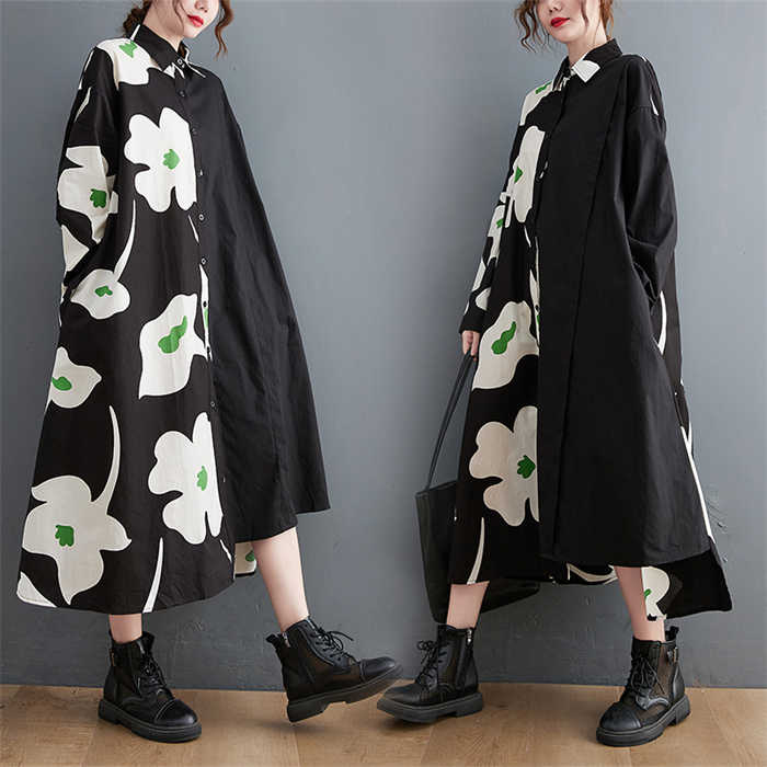 ワンピース シャツワンピース レディース アシンメトリー 長袖 ロング ワンピ 花柄 プリント 綿 コットン 体型カバー ゆったり デザイン感 エレガント レトロ シャツ襟 新作 春 秋 着痩せ オフィス カジュアル おしゃれ 30代 40代 50代 大人 通勤 OL 切り替え 送料無料
