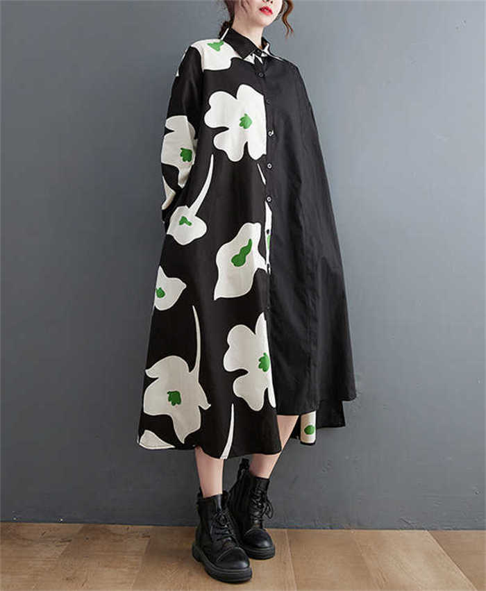 ワンピース シャツワンピース レディース アシンメトリー 長袖 ロング ワンピ 花柄 プリント 綿 コットン 体型カバー ゆったり デザイン感 エレガント レトロ シャツ襟 新作 春 秋 着痩せ オフィス カジュアル おしゃれ 30代 40代 50代 大人 通勤 OL 切り替え 送料無料