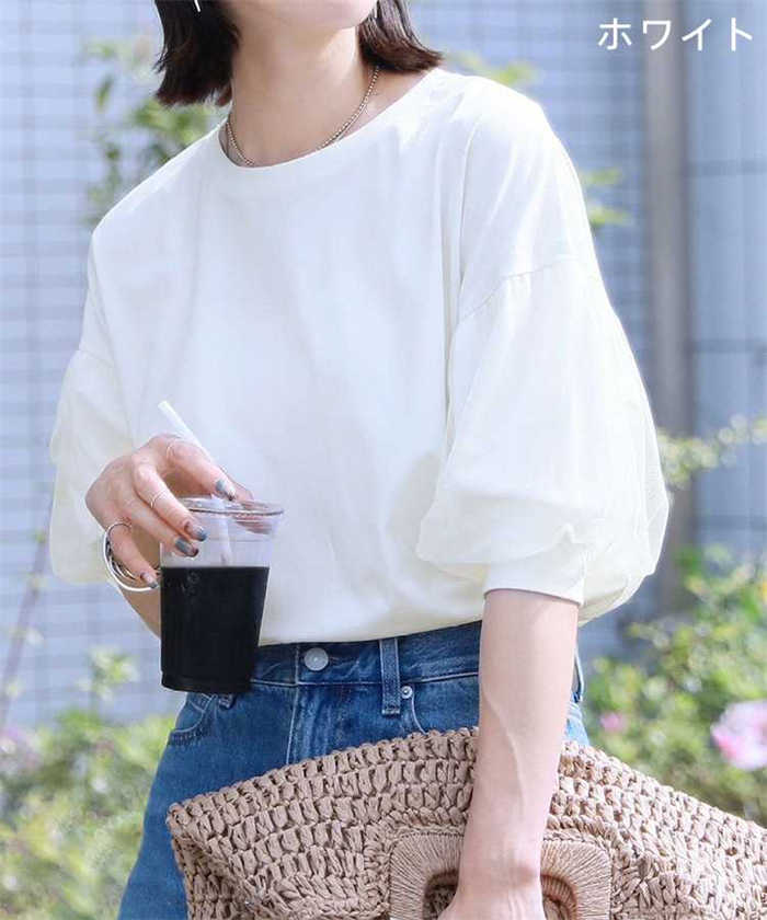 Tシャツ バルーン袖 切り替えブラウス 綿 レディース 無地 tシャツ 五分袖 透け感 ラウンドネック シャツ ブラウス デザイン感 チュール 切り替え トップス プルオーバー 春 夏 ゆったり オフィス 通勤 OL シンプル カジュアル 着痩せ 大人 お洒落 大人 可愛い 送料無料 link-hk-10008443 Misskirt サンプル画像2