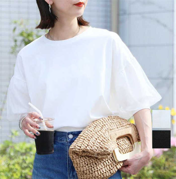 Tシャツ バルーン袖 切り替えブラウス 綿 レディース 無地 tシャツ 五分袖 透け感 ラウンドネック シャツ ブラウス デザイン感 チュール 切り替え トップス プルオーバー 春 夏 ゆったり オフィス 通勤 OL シンプル カジュアル 着痩せ 大人 お洒落 大人 可愛い 送料無料 link-hk-10008443 Misskirt サンプル画像3