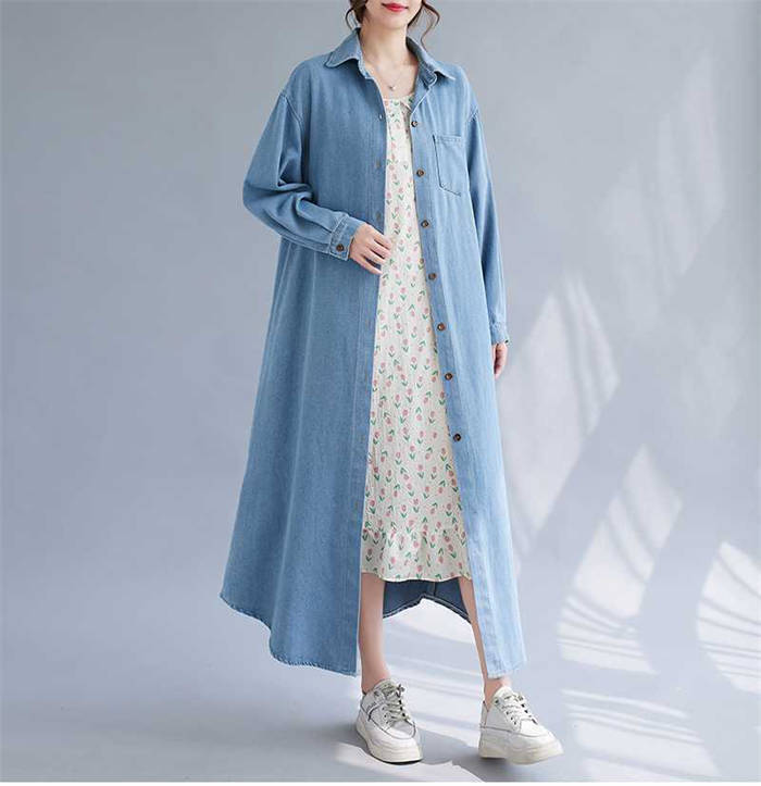 デニム シャツワンピース レディース ワンピース 長袖 無地 コート ロング ワンピ スプリングコート デニムワンピース 前開き ボタン ポケット 体型カバー ゆったり シンプル 春 秋 エレガント カジュアル お洒落 可愛い 通勤 OL 着痩せ 20代 30代 40代 50代 送料無料