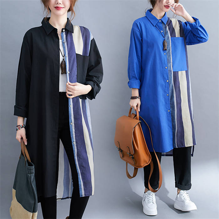 シャツワンピース ロングシャツ ストライプ レディース 長袖 綿麻 綿 コットン デザイン感 ロング シャツ ワンピース 折り襟 体型カバー 前開き ゆったり 切り替え 新作 春 夏 秋 レトロ おしゃれ カジュアル 通勤 OL オフィス 着痩せ 30代 40代 50代 大人 送料無料