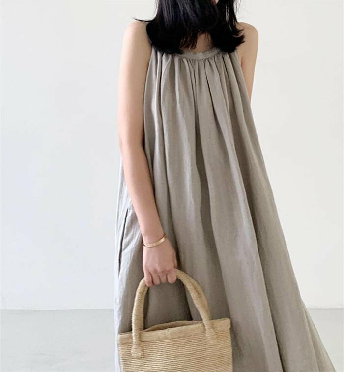 綿麻風 キャミワンピース ノースリーブワンピース レディース 夏 フレアワンピース aラインワンピース ロングワンピース ノースリーブ ワンピース aライン フレア タック 大きいサイズ 体型カバー ゆったり ロング丈 カジュアル シンプル きれいめ 無地 リネン 送料無料