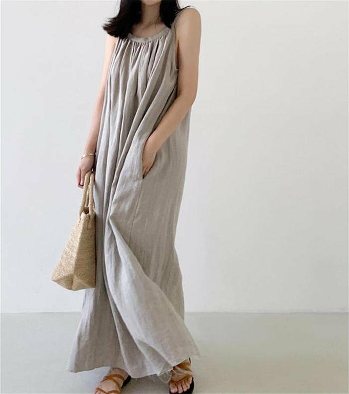 綿麻風 キャミワンピース ノースリーブワンピース レディース 夏 フレアワンピース aラインワンピース ロングワンピース ノースリーブ ワンピース aライン フレア タック 大きいサイズ 体型カバー ゆったり ロング丈 カジュアル シンプル きれいめ 無地 リネン 送料無料