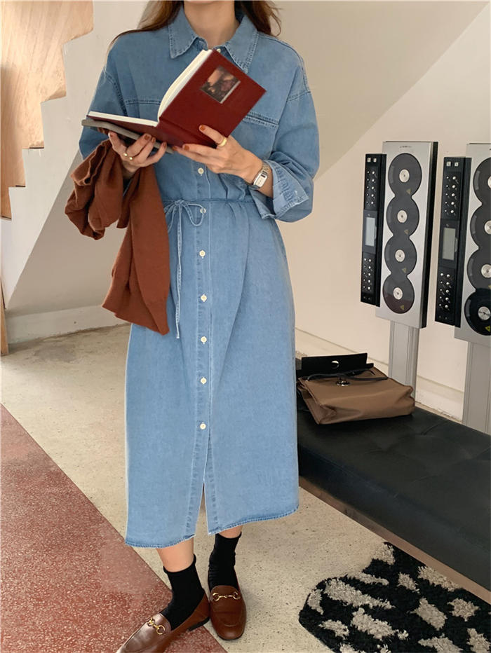 デニムシャツワンピース レディース デニムシャツ 長袖 春 秋 夏 無地 ロング コーデ ワンピ デニム ワンピース ロングシャツ シャツワンピース 大人 デニムワンピース レディース ミモレ丈 前開き ウェストリボン カジュアル シンプル ゆったり 体型カバー 通勤