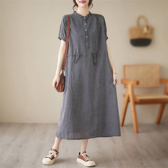 シャツワンピース シャツ ワンピース レディース 半袖 夏 春 シャツワンピ ロングワンピース ロングシャツワンピース ミモレ丈 ストライプ バンドカラー ウエストマーク 体型カバー オフィス カジュアル きれいめ シンプル レトロ 40代 50代 60代 ファッション 送料無料 link-hk-10011282 Misskirt サンプル画像2