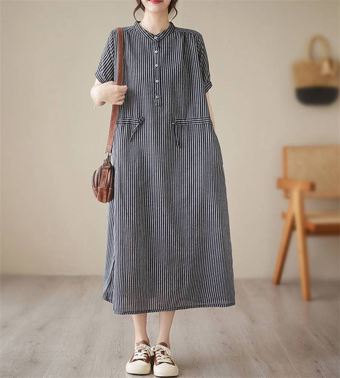 シャツワンピース シャツ ワンピース レディース 半袖 夏 春 シャツワンピ ロングワンピース ロングシャツワンピース ミモレ丈 ストライプ バンドカラー ウエストマーク 体型カバー オフィス カジュアル きれいめ シンプル レトロ 40代 50代 60代 ファッション 送料無料 link-hk-10011282 Misskirt サンプル画像3