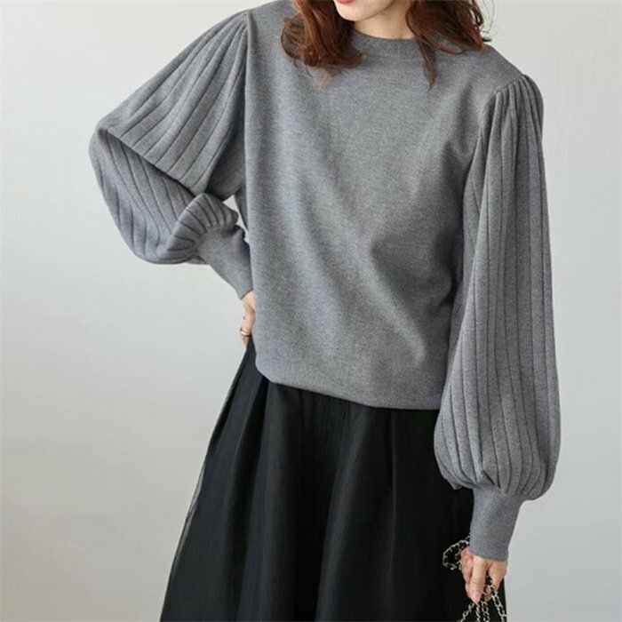 ニット 長袖 レディース トップス セーター クルーネック パフスリーブ パフ袖 プリーツ リブニット ニットセーター カットソー 春 秋 冬 新作 長袖 ニットセーター プルオーバー 大人 お洒落 無地 体型カバー ゆったり カジュアル 通勤 OL おしゃれ 着回し 送料無料