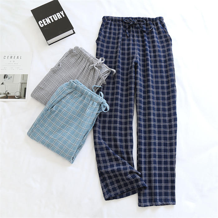 ガーゼ ルームウェアパンツ メンズ パジャマパンツ ロングパンツ 単品 長ズボン ルームウェア パジャマ チェック 部屋着 寝間着 寝巻き 快適 ウエストゴム ゆったり 大きいサイズ ガーゼコットン 綿100% コットン 2重ガーゼ 紳士 男性 春 秋 冬 グレー ネイビー 送料無料