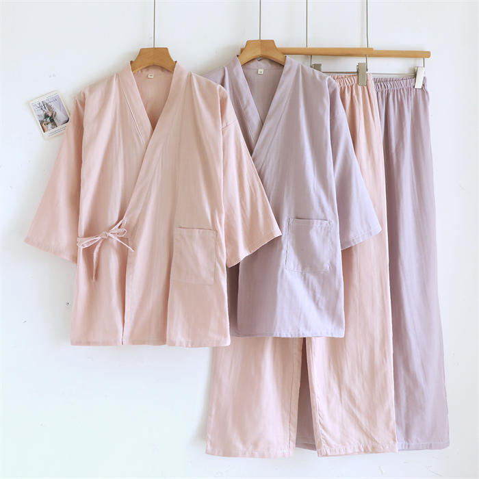 ダブルガーゼ 綿100％ パジャマ レディース 和風 サイドリボン ルームウェア ガーゼ 前開き vネック 長袖 ロングパンツ 上下セット 2点セット 部屋着 寝間着 寝巻き 柔らかい 吸汗 通気 着心地 肌触り シンプル 春 夏 秋 薄手 ガーゼコットン ガーゼパジャマ 送料無料