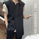 ジレ ベスト レディース 春 秋 前開き おしゃれ トップス アシメトリー フレンチスリーブ ベスト アウター サマージャケット ジレベスト ノースリーブ 羽織り オフィス カジュアル 体型カバー 通勤 ミドルベスト ミドル丈 重ね着 レイヤード ノーカラー 黒 ブラック 春秋