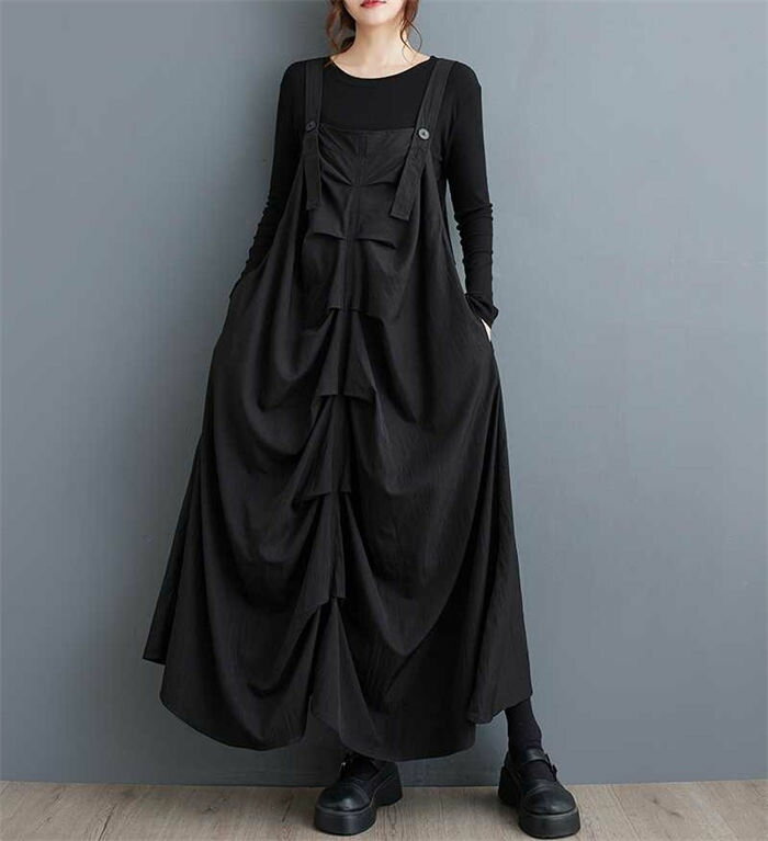 サロペット スカート ロング 大人 ジャンパースカート レディース ジャンパース キャミ ワンピース ロング丈 ノースリーブ オールインワン ギャザー サロペットスカート ゆったり 大きいサイズ カジュアル 体型カバー 30代 40代 50代 重ね着 レイヤード 黒 ブラック