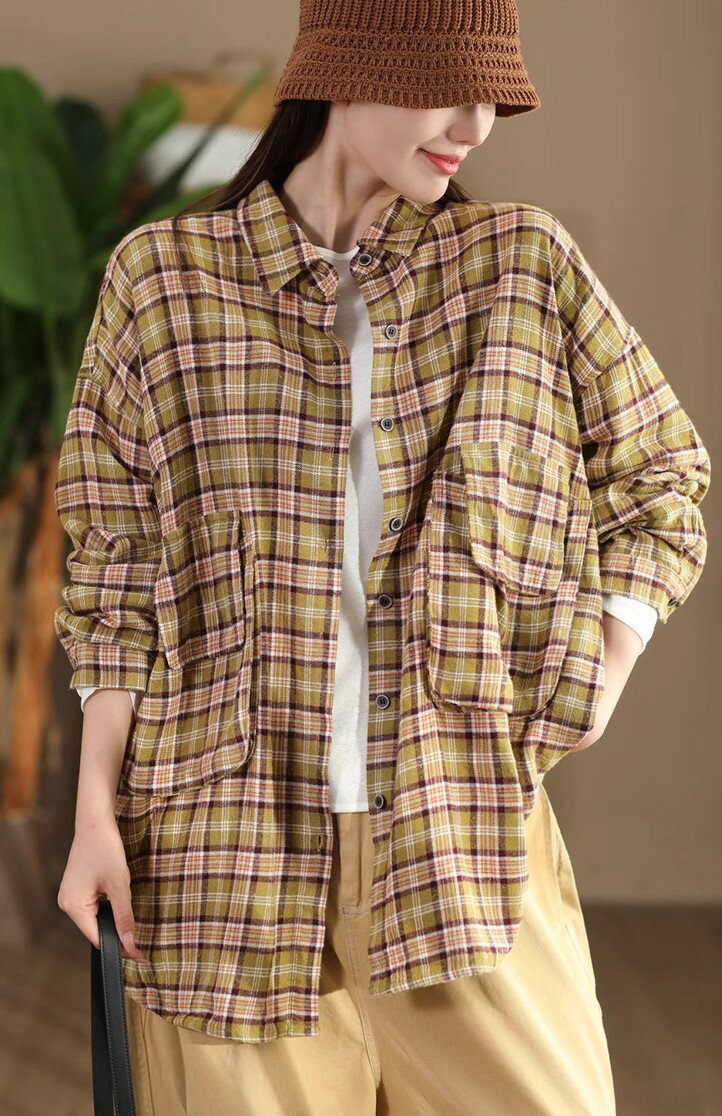 シャツブラウス綿レディース長袖チェ...