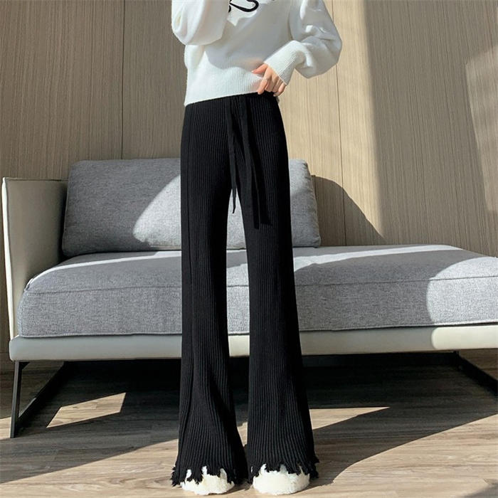 裾フリンジ フレア ニットパンツ レディース フレア ニット パンツ 秋冬 イージーパンツ ロングパンツ 秋 冬 春 ロング リブニット フレアパンツ リラックスパンツ ボトムス 体型カバー 美脚 通勤 オフィス 着痩せ カジュアル 50代 40代 30代 黒 ブラック 送料無料 link-hk-10012914 Misskirt サンプル画像2