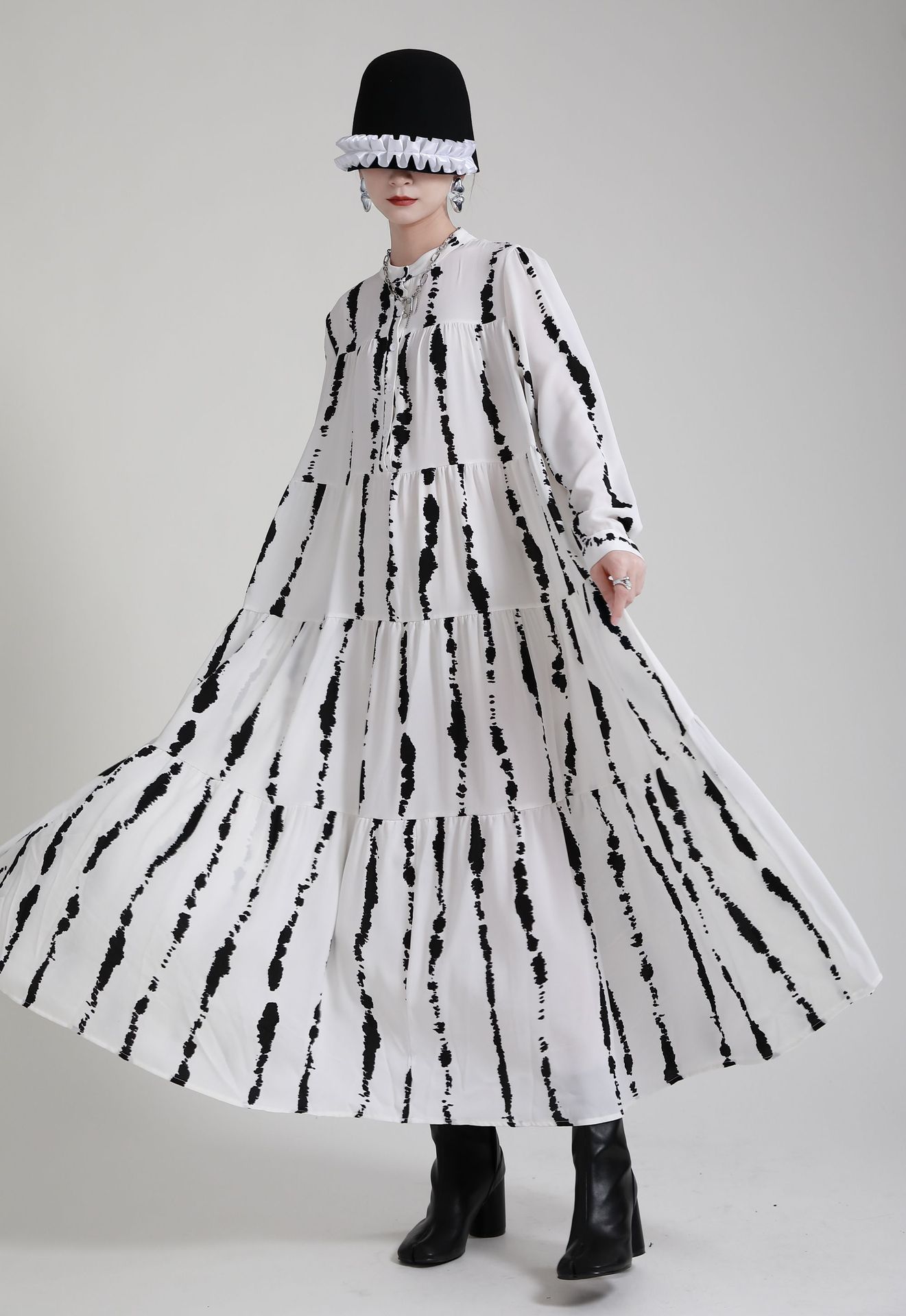 ワンピース ワンピ ロングワンピース ワンピース レディースファッション ロング丈 縞柄 ミモレ丈 スタンドカラー Aライン 春 夏 長袖ワンピース 体型カバー OL 卒業式 入学式 オシャレ 上品 通勤 カジュアル 20代 30代 40代 50代 送料無料