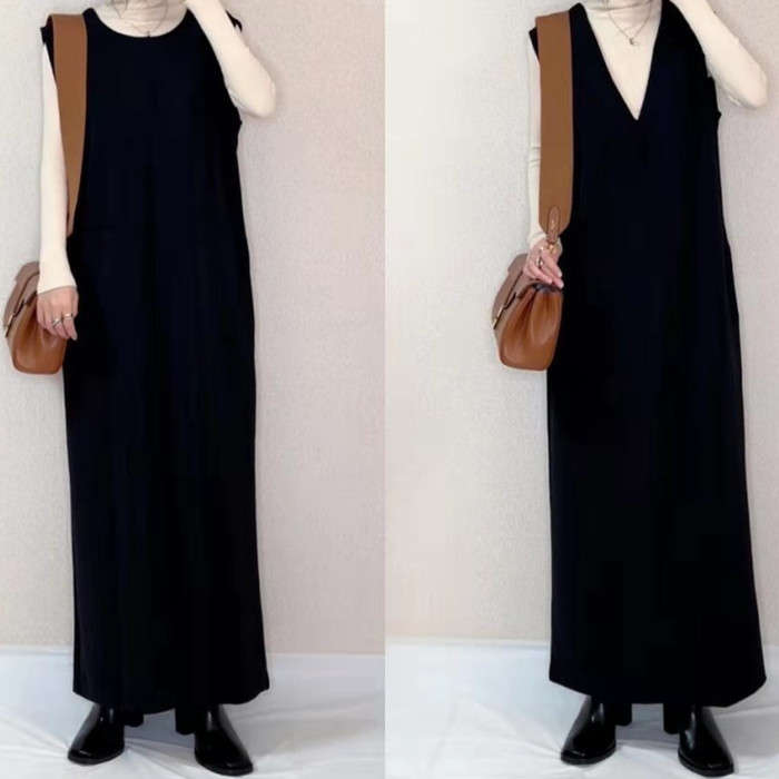 ベスト ワンピース ノースリーブ ジャンパー スカート ロング ワンピース サロペット ワンピース レディース ロング丈 Vネック ゆったり 通勤 OL 重ね着...