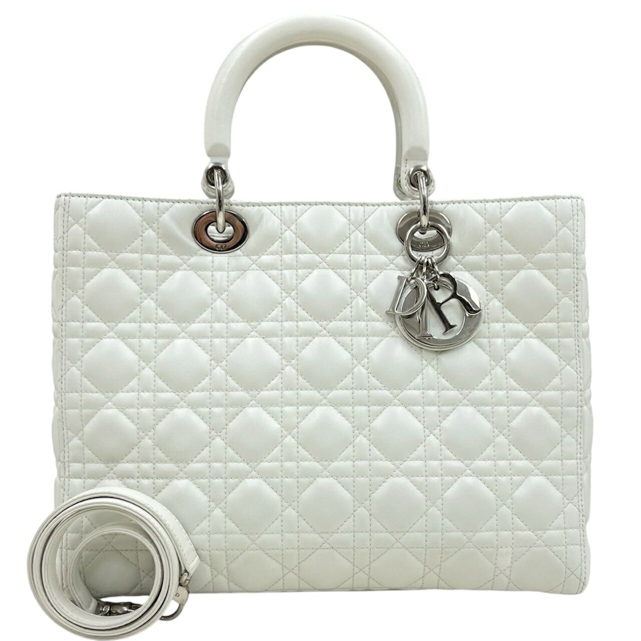 【中古】ディオール　レディディオール　ラージ　ラムスキン　カナージュ　白　シルバー金具　2way　ハンドバッグ　Christian Dior《送料無料》