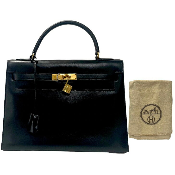 【中古】エルメス　ケリー32　外縫い　ボックスカーフ　黒　ゴールド金具　〇G刻印　ハンドバッグ