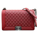 【中古】シャネル ボーイシャネル キャビアスキン マトラッセ ディープレッド 赤系 シルバー金具 ショルダーバッグ A92193 19番台 CHANEL 《送料...
