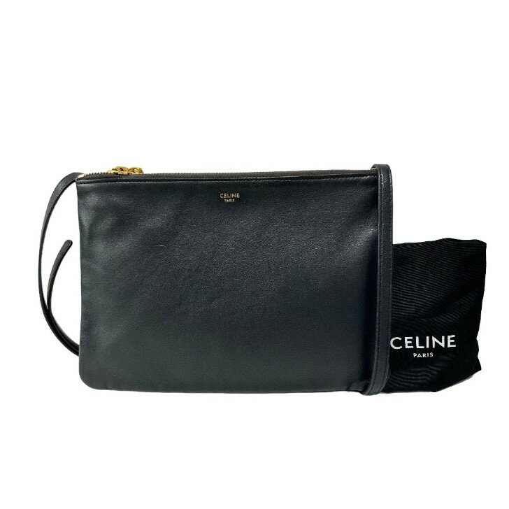 【中古】セリーヌ　トリオ　ラージ　レザー　ダークグレー　　ゴールド金具　ショルダーバッグ　2019年　CELINE　《送料無料》 CELINE　セリーヌ 2