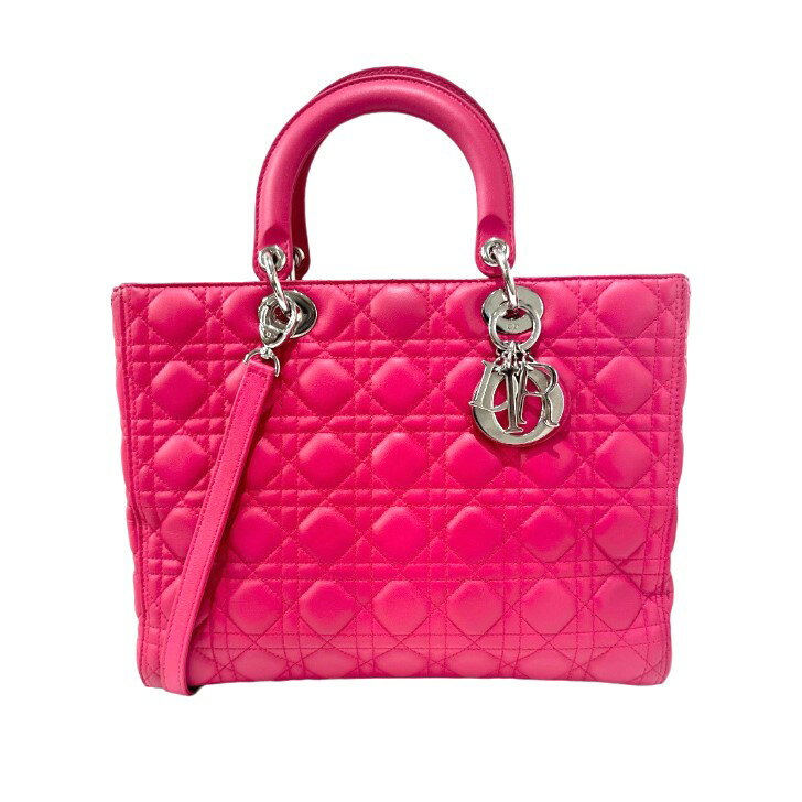 【中古】ディオール　レディディオール　ラージ　ピンク　シルバー金具　ラムスキン　カナージュ　2way　ハンドバッグ　Christian Dior《送料無料》