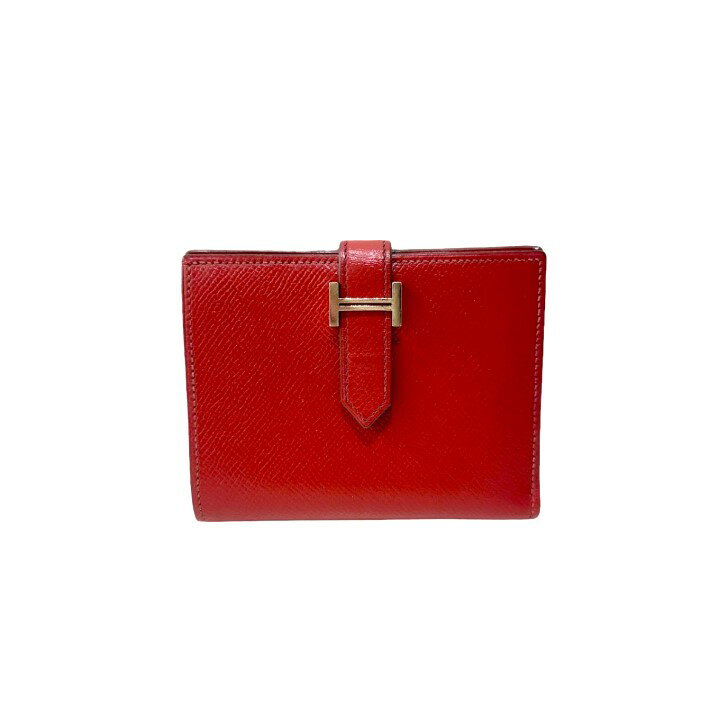 エルメス　ベアン　コンパクト　赤　シルバー金具　ヴォーエプソン　折り財布　□J刻印/2006年　HERMES　《送料無料》