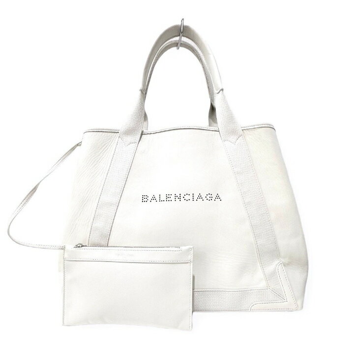 【中古】バレンシアガ　ネイビーカバス　M　レザー　白　トートバッグ　ポーチ　339936　BALENCIAGA 　《送料無料》